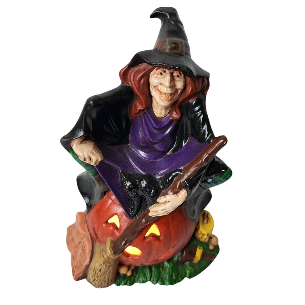 Vintage Ceramic Halloween Witch Sitting on Pumpkin Byron Molds 70's Lighted 1972